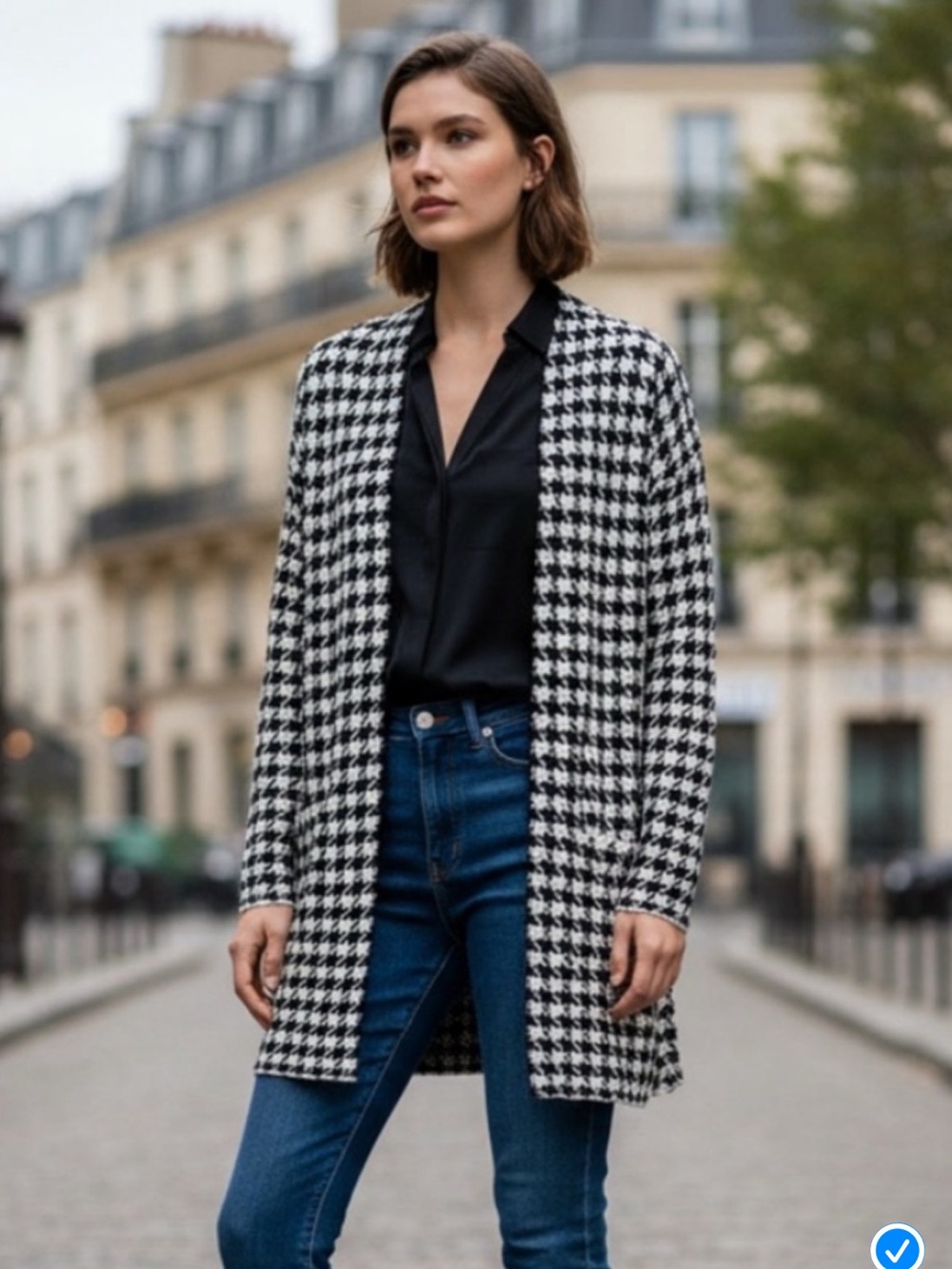 Cyrus Black & White Houndstooth Open-Front Blazer Coat M